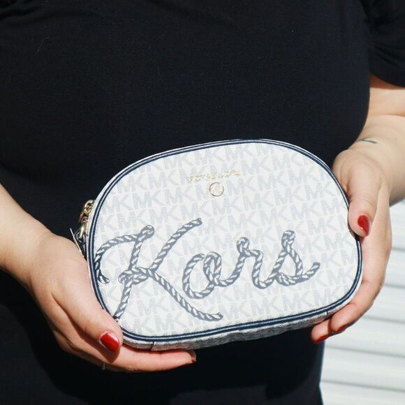 NWT Michael Kors Jet Set Charm Rope Seaside Camera Crossbody Bag White Navy - Picture 2 of 12